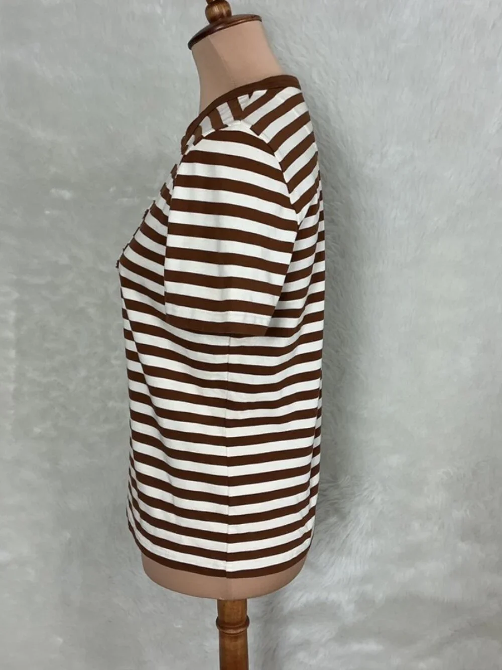 Tory Burch Brown & White Striped Cotton Logo T-Shirt S - Picture 2 of 7